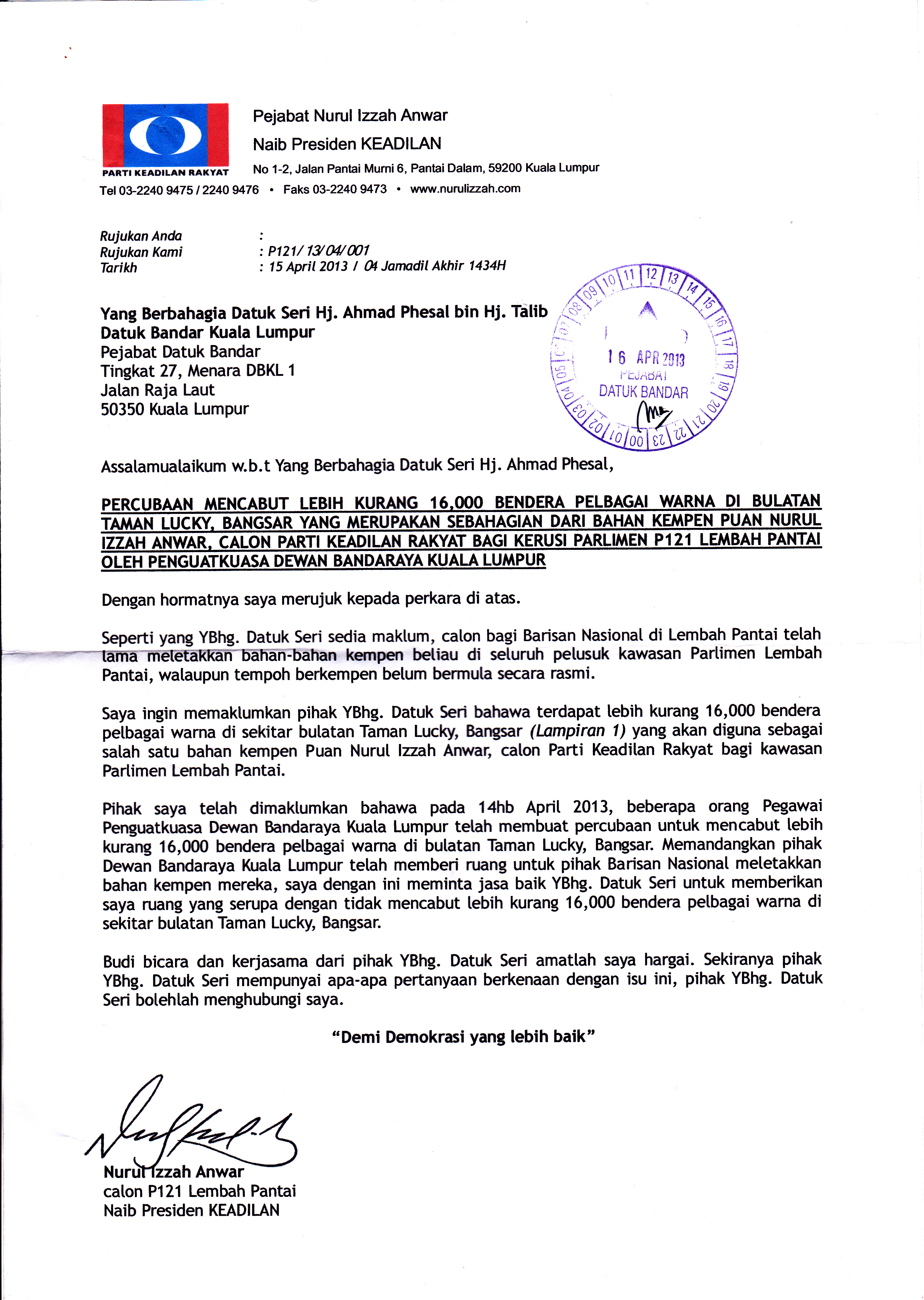15 April 2013: Surat Aduan Kepada Datuk Bandar Kuala 