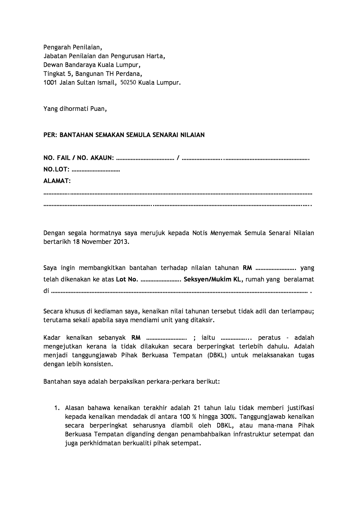 Surat Rayuan Pengurangan Cukai Taksiran - Selangor i